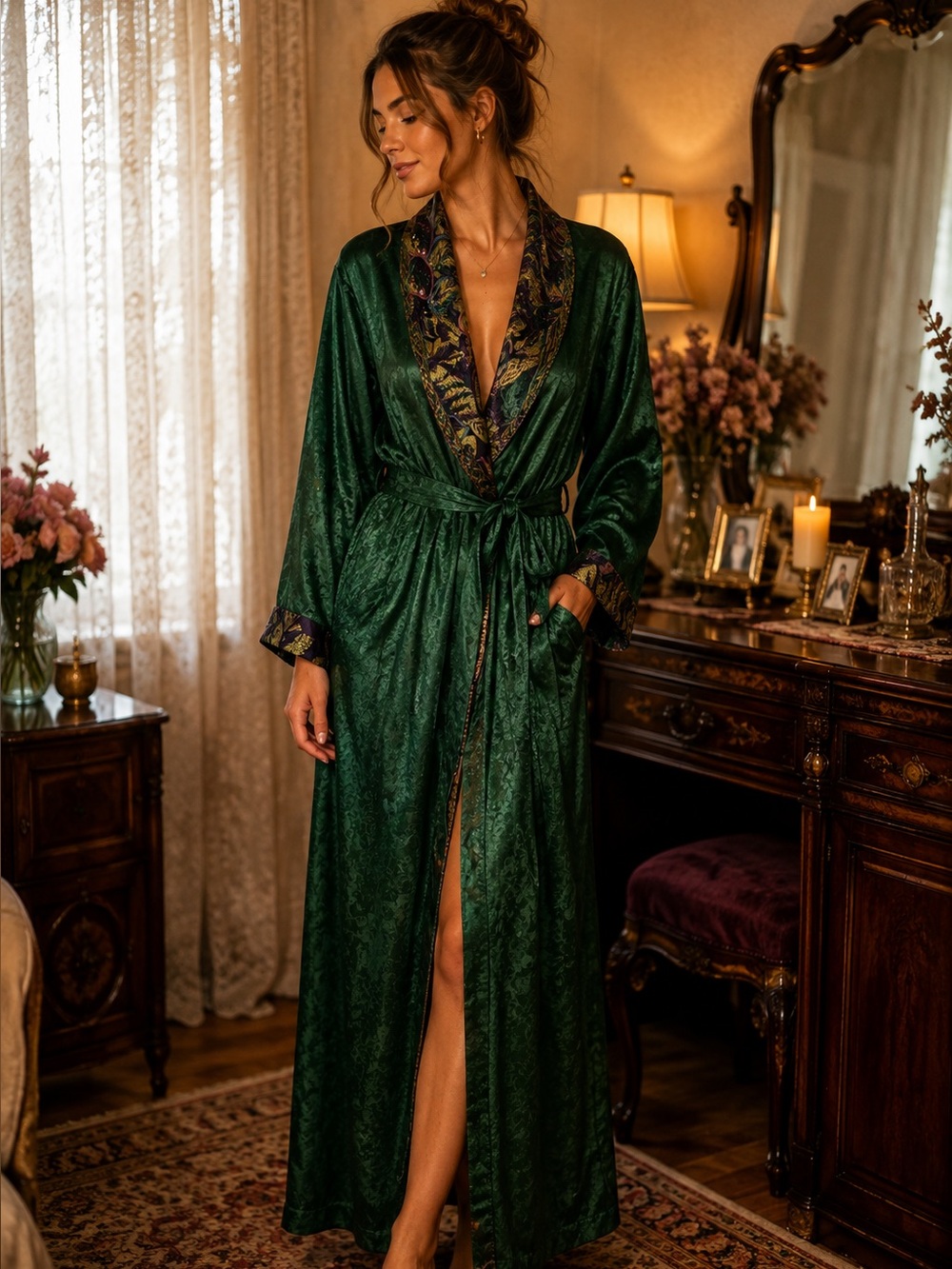 Vtg Victoria Secret Gold Label Emerald Green Jacquard Beaded Satin Robe M/L 80s